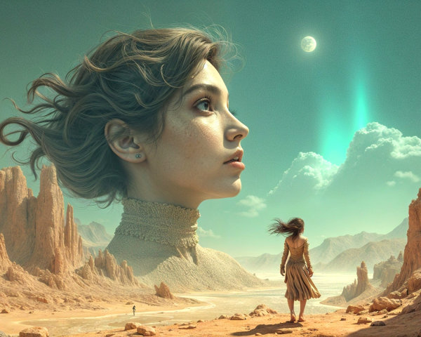 Surreal Landscape with Colossal Woman's Face and Moons