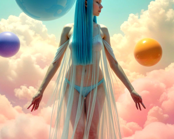 Serene figure in dreamlike landscape with colorful orbs