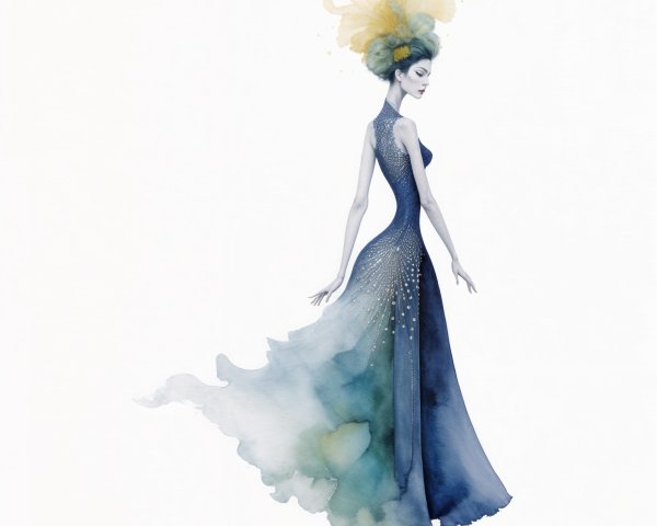 Elegant Figure in Flowing Blue Gown with Flowers
