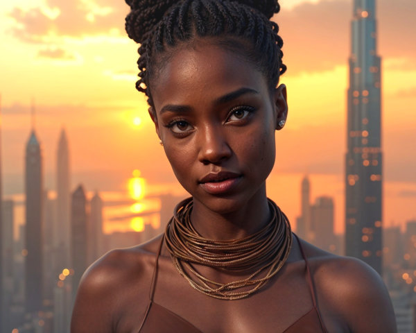 Woman in layered necklaces against sunset skyline