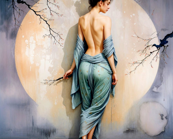 Woman in Ethereal Garment Against Luminous Moon