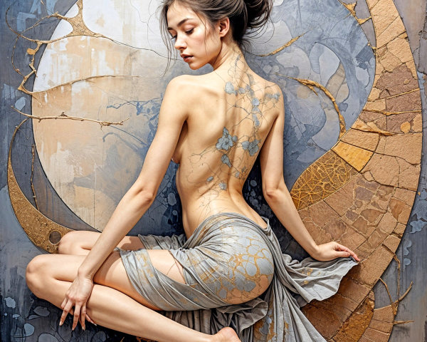 Serene Figure with Floral Tattoos Against Textured Background