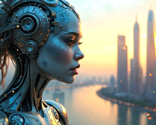 Futuristic Female Android Against Sunset Skyline