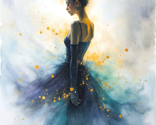 Graceful figure in flowing blue and gold dress