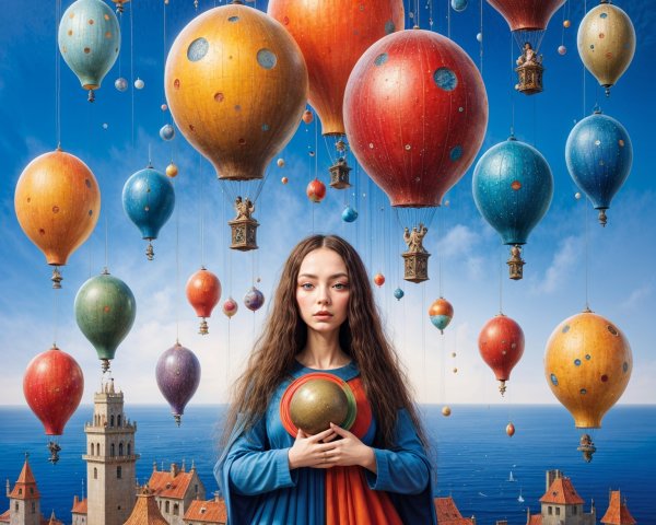 Young woman with golden orb and colorful balloons