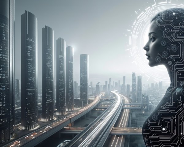 Futuristic Cityscape with Technology and Humanity Fusion