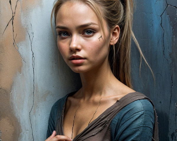 Young woman with long hair against textured wall