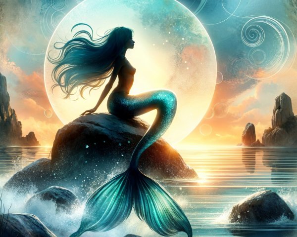 Mystical Mermaid on Rocky Outcrop by Moonlit Sea