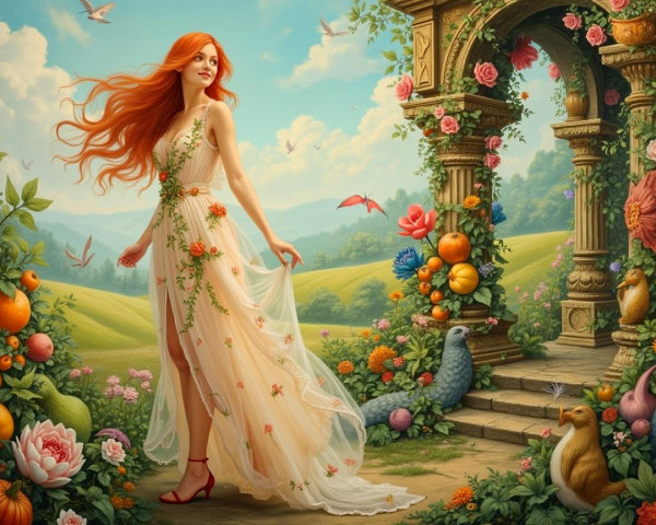 Vibrant Scene of Woman in Floral Gown by Archway