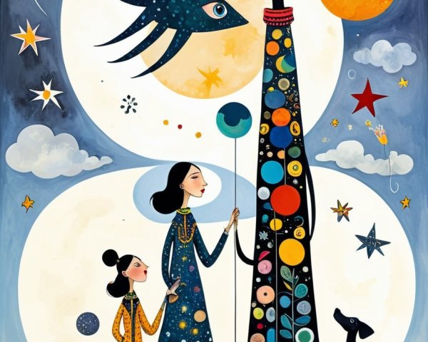 Whimsical Scene with Abstract Figure and Celestial Themes