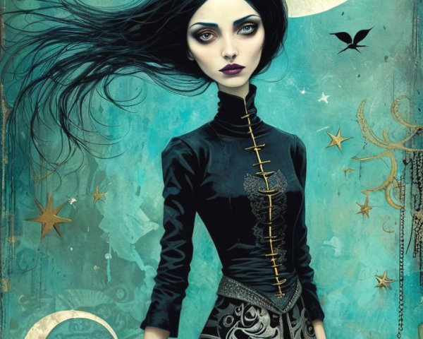 Ethereal Figure in Black Gown Against Blue Night Sky