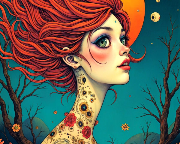 Surreal Portrait of a Woman with Red Hair and Sunflowers