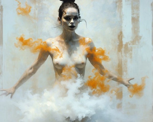 Ethereal Woman Surrounded by Swirling Clouds