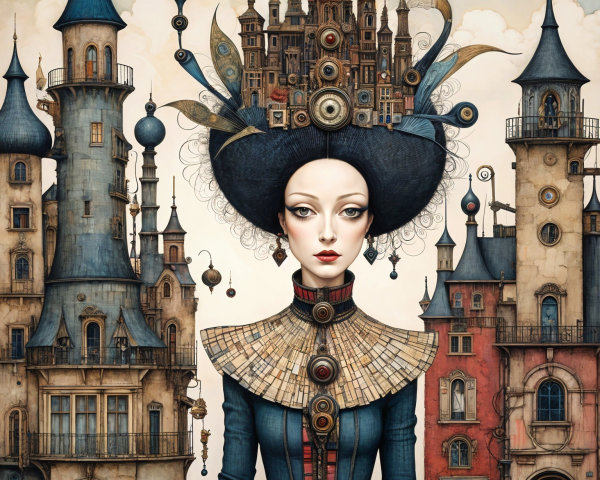 Surreal Woman in Elaborate Hairstyle and Dress