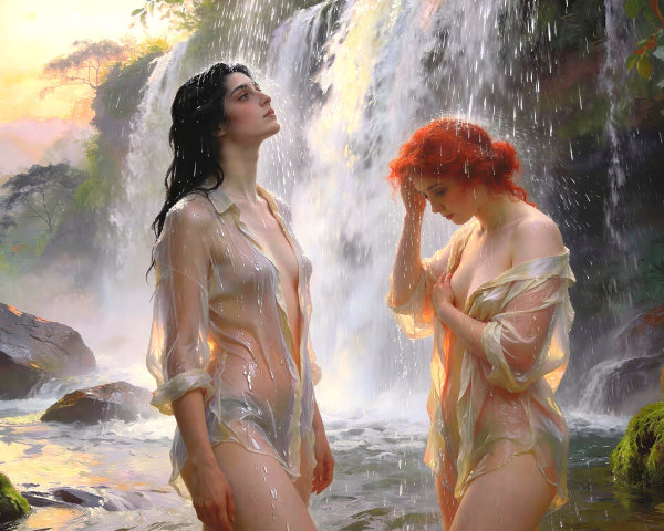 Women in Sheer Shirts at Waterfall in Jungle Setting