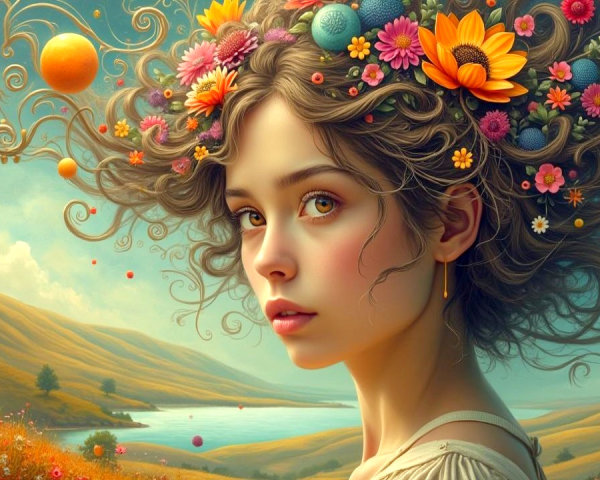 Young woman with floral crown by tranquil lake