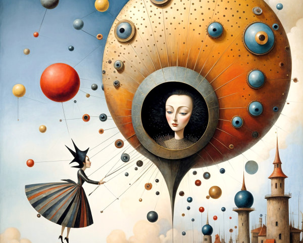 Whimsical woman controlling colorful orbs in fantasy scene