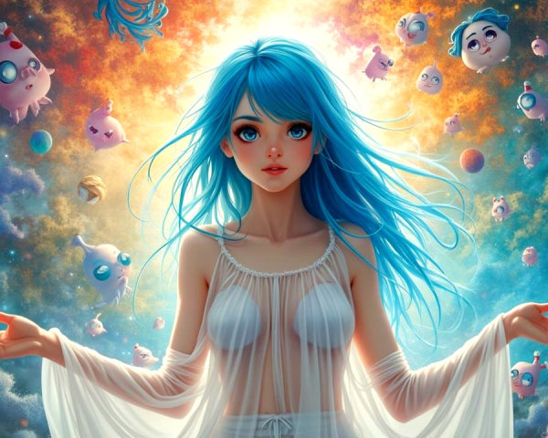 Mystical Woman in Cosmic Setting with Colorful Planets