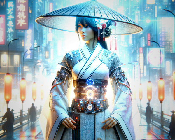 Futuristic woman in traditional attire in neon cityscape