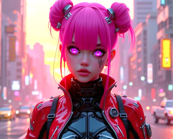 Futuristic Character in Neon-Lit Cyberpunk Cityscape