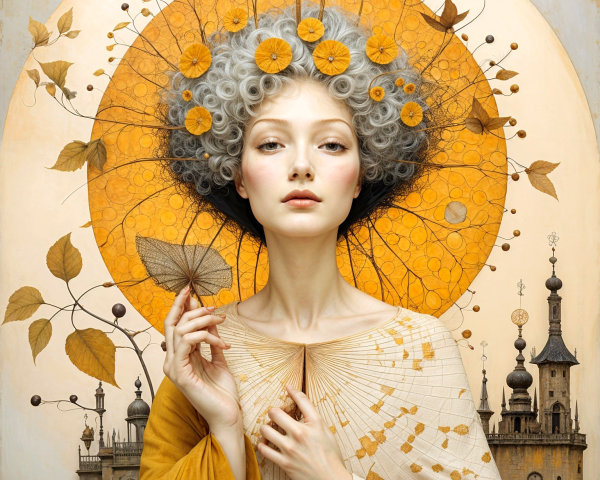 Serene figure with grey curls and yellow flowers