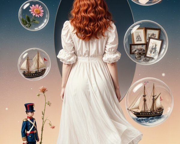 Woman in White Dress Surrounded by Nostalgic Bubbles