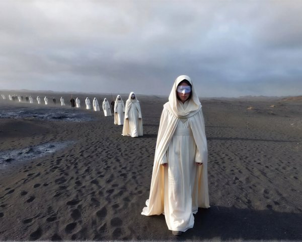 Figures in White Robes on Dark Desolate Landscape