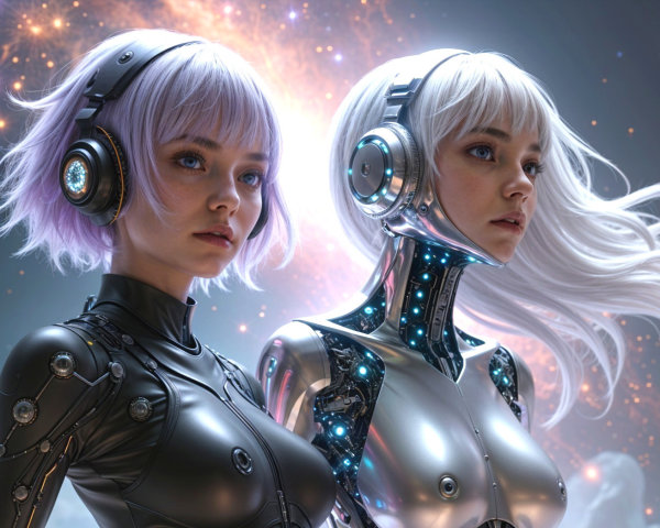 Futuristic Humanoid Figures in Sci-Fi Setting