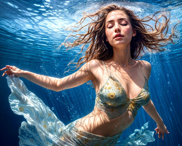 Underwater Serenity with Sunlight and Flowing Garment