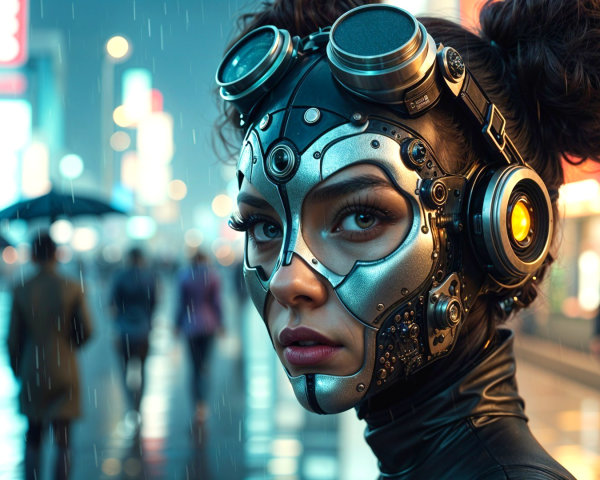 Futuristic Cybernetic Woman in Neon Cityscape