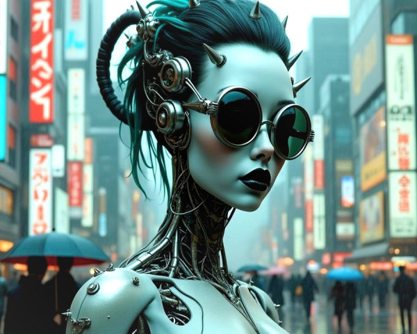 Futuristic Cyborg in a Neon Urban Environment