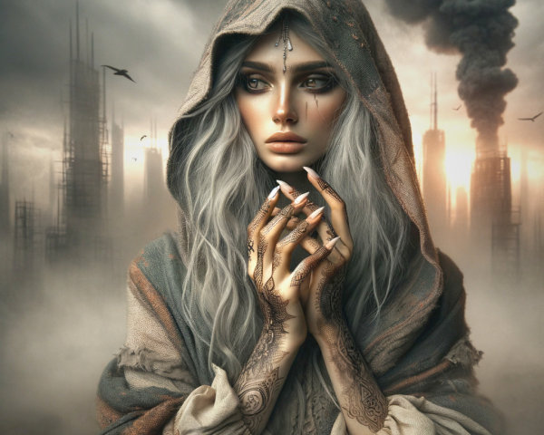 Mystical figure in hooded cloak against dystopian skyline