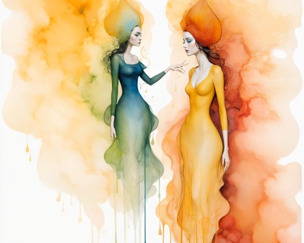 Ethereal Women in Vibrant Dresses and Dreamlike Background