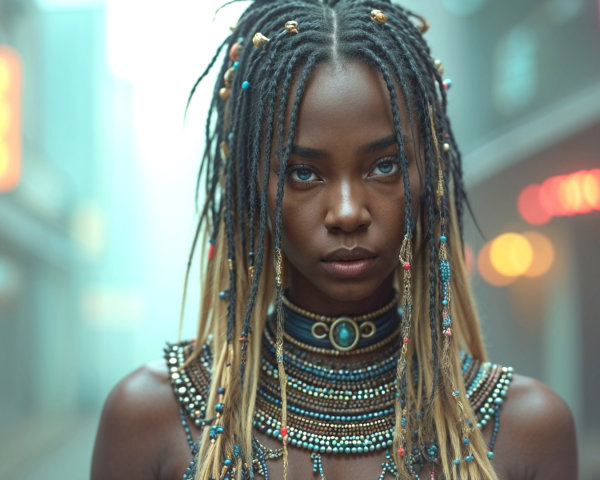 Young Woman with Braided Hair in Urban Mist Setting