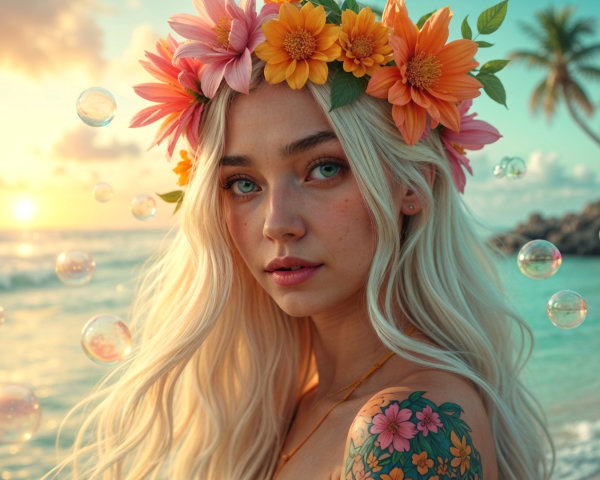 Woman with Flower Crown at Sunset Beach