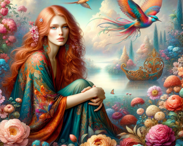 Young Woman in Colorful Flower Landscape with Phoenix