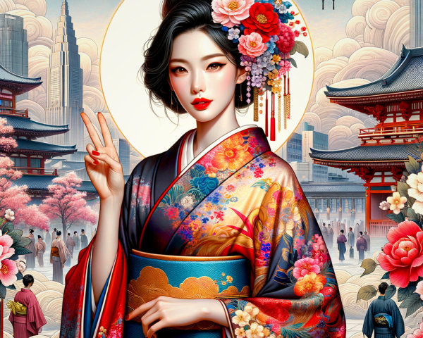 Illustration of a woman in floral kimono with architecture