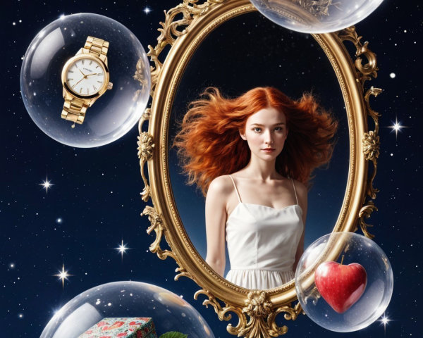 Woman with Red Hair in Vintage Mirror and Bubbles