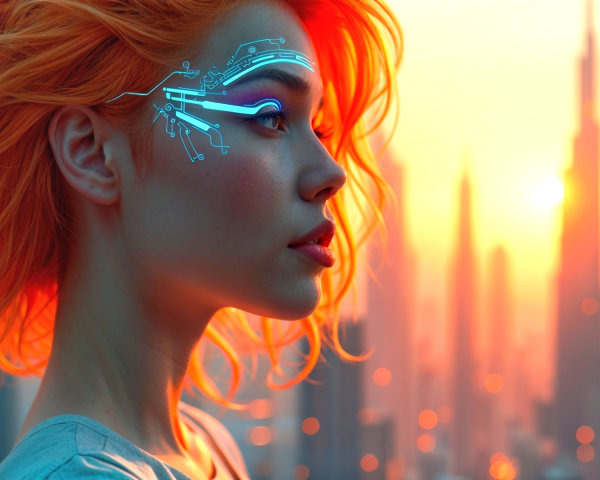 Futuristic Woman with Cybernetic Markings at Sunset