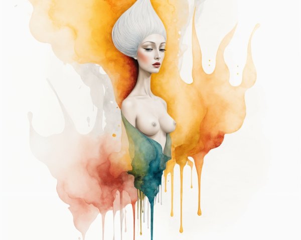 Surreal Woman with White Hair in Vibrant Watercolors