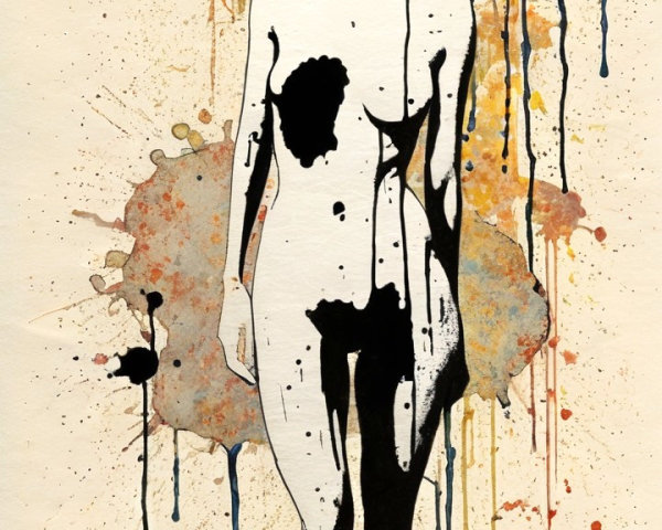 Stylized Female Figure in Bold Ink and Watercolor