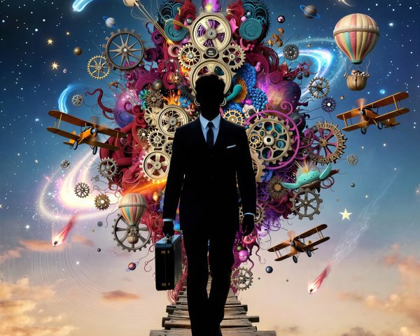 Surreal Artwork of Silhouetted Man on Wooden Bridge