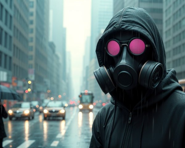 Urban Figure in Black Hoodie and Gas Mask in Rain