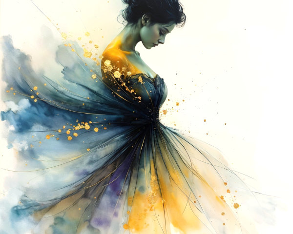 Elegant Woman in Flowing Blue and Gold Dress