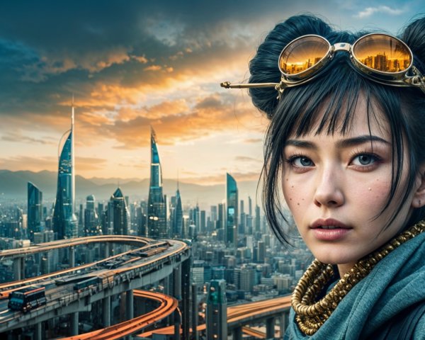 Young Woman in Urban Fashion Against Futuristic Skyline