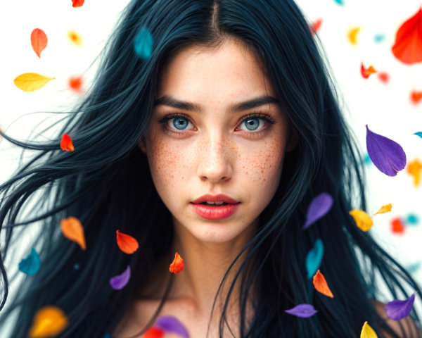 Young woman with black hair and colorful petals