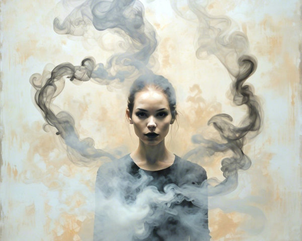 Woman in smoke with serious expression and muted background