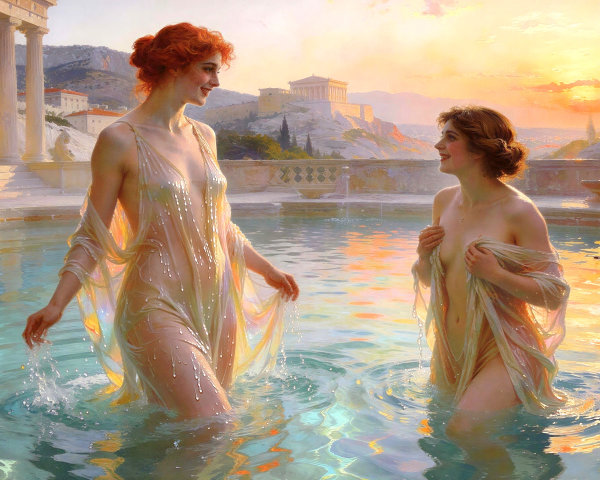 Red-haired women in a Greek setting at sunset
