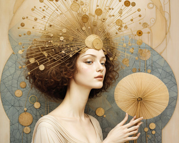 Serene Woman with Curly Hair and Golden Halo