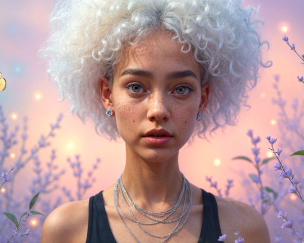 Young Woman with Curly Blonde Hair Among Lavender Flowers